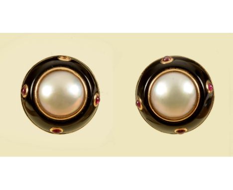 A pair of half Pearl, Ruby and Enamel Earrings stamped Trianon in 14ct gold