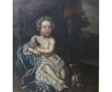 ATTRIBUTED TO JOHN MEHEUX (active late 17th century)Portrait of a Child, wearing a white drape, a pet spaniel at his side, a 