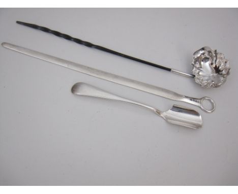 A George III large silver Meat Skewer, London 1801, maker: S.A., a Georgian Toddy Ladle with shaped oval bowl and spiral whal