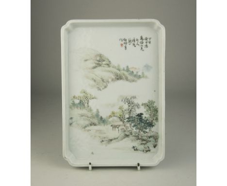 A Chinese Qianjiang School enamelled porcelain Tray, Republic Period, painted in the style of Wang Yeting with a mountainous 