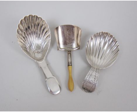 A George III silver Caddy Spoon with scallop bowl and bright-cut stem, London 1792, maker: G.W., fiddle pattern Caddy Spoon, 