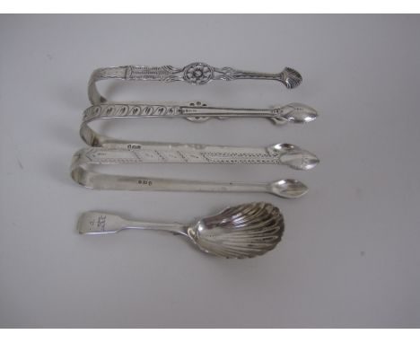 A Victorian silver Caddy Spoon, fiddle pattern with scallop bowl, Dublin 1842, maker: Peter Walsh, and three pairs of Georgia