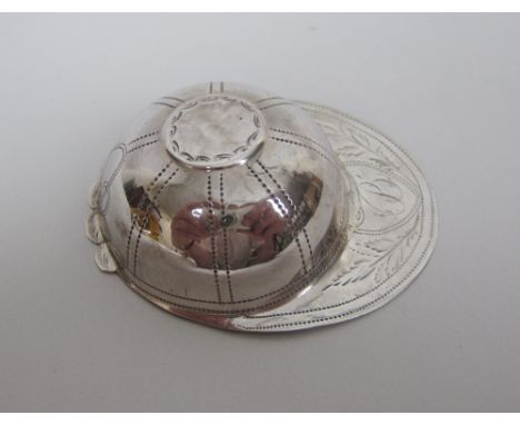 A George III silver Caddy Spoon in the form of a jockey's cap with leafage engraving and initial B, Birmingham 1799, maker: J