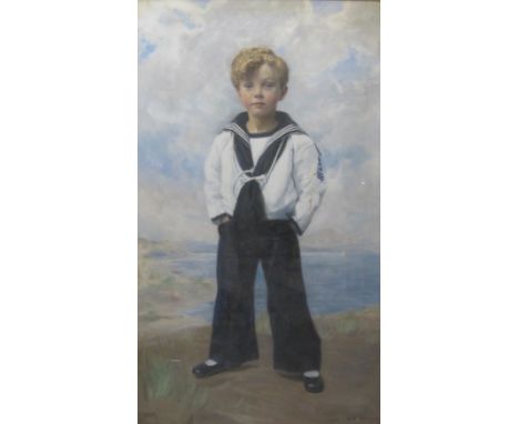 JOHN ARCHIBALD A BERRIE (1887-1962)Portrait of a young Boy dressed in sailor's costume, standing on a shoresigned 'John A Ber