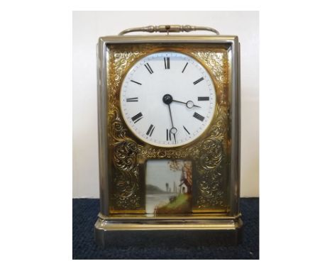 20th century repeating carriage clock, with silvered dial and four glass panels, enamelled Arabic chapter ring, engraved bras