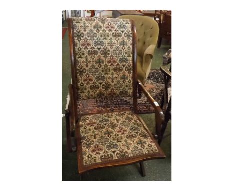 Edwardian stained wood folding armchair with tapestry seat and back  