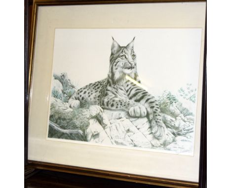 Gilt frame Ltd Edition print "Lynx" by Eric Tenney signed and emboss mark 85x70cm