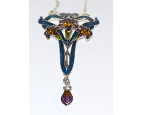 Pretty silver and enamel set Art Nouveau style pendant necklace