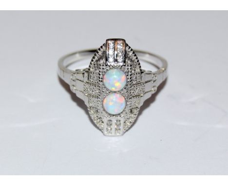 Art Deco silver CZ and opal panelled ring
