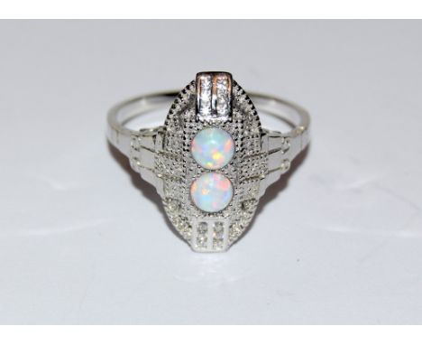 Art Deco silver CZ and opal panelled ring