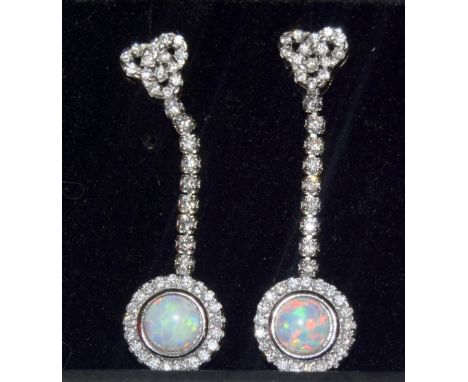 Pair of silver CZ and opal drop earrings