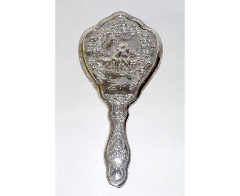 Silver Victorian hand mirror depicting cherubs with bevelled glass