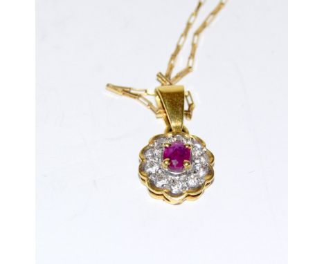 18ct yellow gold ruby and diamond pendant necklace on gold chain
