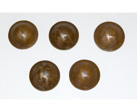 Five WW1 trench art British Army helmets formed from Penny coins - one for each year of the war from 1914 to 1918