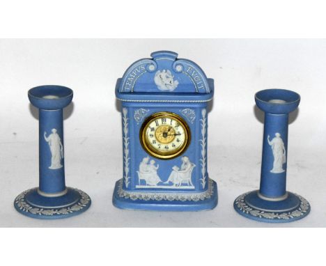 Wedgewood Jasperware clock garmiture with British movement. GWO