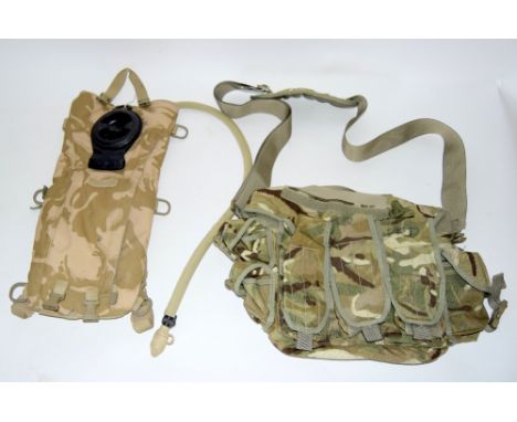 An Army camouflaged CamelBak Individual Hydration System and an Ammunition Grab Bag
