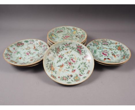 Nine Chinese celadon and polychrome enamel decorated plates with seal marks, 9" diaCondition:All plates have various degrees 