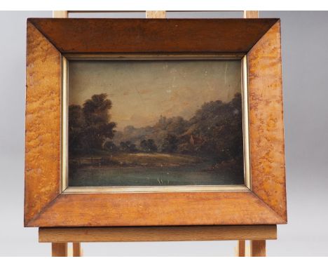 A 19th century oil on board, signed &amp; inscribed verso, "Arundel Castle", 7" x 9", in birdseye maple frame 