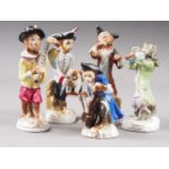 Five Continental porcelain monkey musician figures, the tallest 4 1/2" high (some damages and