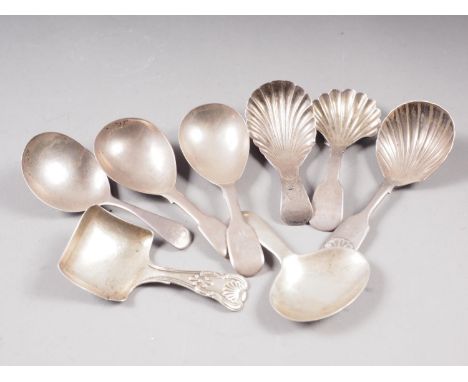 A Georgian shell-shaped caddy spoon, two similar caddy spoons and five other silver caddy spoons, 3.2oz troy approx 