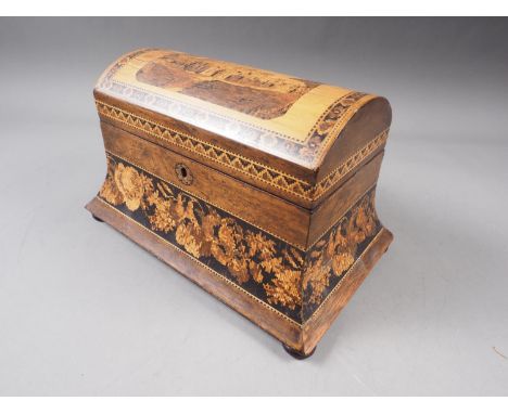 A Tunbridge ware dome top tea caddy with Eridge Castle design, on bun feet, 10 1/4" wide 