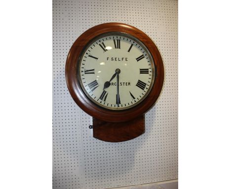 A late 19th century mahogany cased drop dial wall clock with eight-day single fusee movement by F Selfe, Worcester, painted d