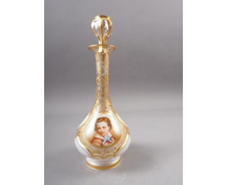 A 19th century Austrian enamelled, gilt and overlaid scent bottle with floral panels, portrait and stopper, 7 1/2" high (slig