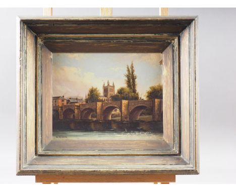 Arthur Gilbert (1819-1895): oil on canvas, "Wye Bridge &amp; Hereford Cathedral", 7 1/2" x 10", in gilt frame