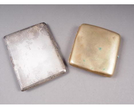 A silver cigarette case with engine turned decoration, 4.5oz troy approx, and a brass cigarette case, with turquoise thumb pi