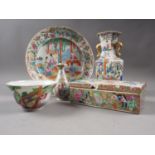 A Canton porcelain dish, decorated figures, 9 3/4" dia (chip and crack to edge), a similar vase, a