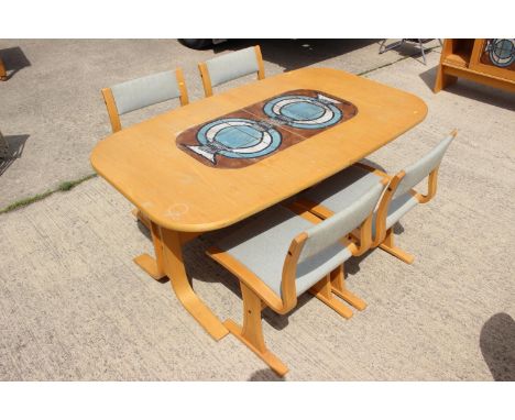 A Gangsø Møbler 1970s beech dining suite, comprising a dining table with&nbsp;extra leaf and tile inset top, on bentwood spla