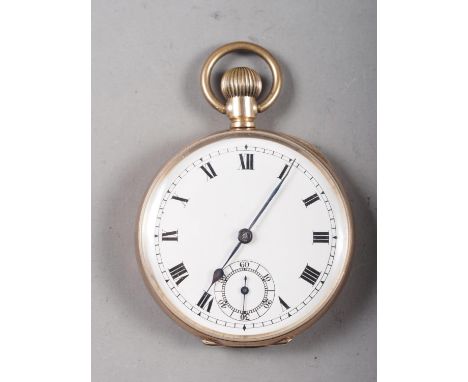 A 9ct gold cased open faced pocket watch with white enamel dial, Roman numerals and subsidiary seconds dial, 54.4g overall 