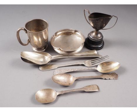 A Georgian silver tablespoon, four other silver spoons, a fork, a christening mug and other silver items (damages), 12.3oz tr