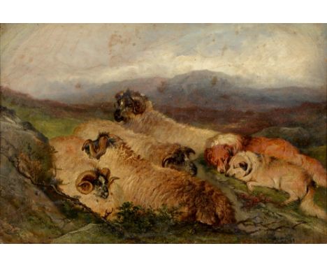 Follower of Sir Edwin Landseer - Sheep and Dogs on a Hillside, indistinctly signed, oil on board, 24 x 34cm Light craquelure,
