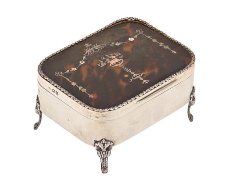 An Edward VII gold, silver and mother of pearl inlaid tortoiseshell inset silver jewel box, on four acanthus feet, 12.5cm l, 