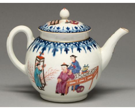 A Worcester teapot and cover, c1765, with underglaze blue border, the teapot painted to either side with three Chinese figure