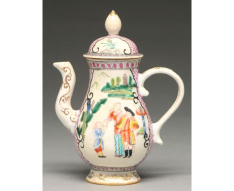 A Chinese famille rose miniature teapot or condiment ewer and cover with European-subject decoration, 18th c, of baluster sha