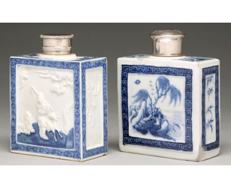 A Chinese moulded blue and white tea caddy and cover, 18th c, with an immortal and deer, bat and prunus, in painted fret bord