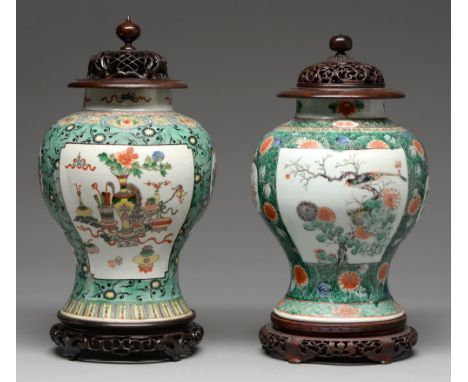 Two Samson famille verte jars, enamelled in Kangxi style with birds or flower filled objects on a green ground, one with ruyi
