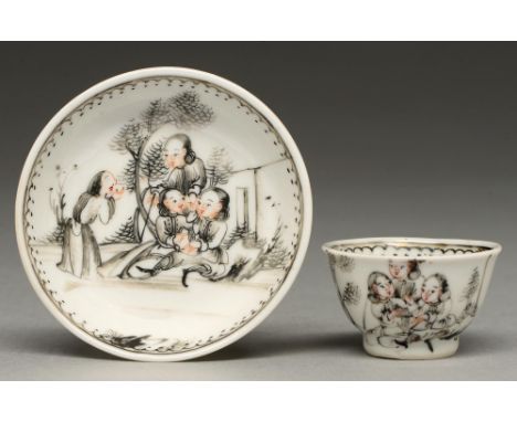 A Chinese porcelain grisaille-decorated toy tea bowl and saucer, mid 18th c, pencilled in black with a family group, their fe