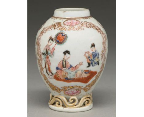 A Chinese famille rose tea caddy, c1770, ovoid, painted with two scenes of a seated lady and two servants in scrolling gilt f