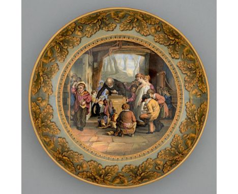 An F &amp; R Pratt colour-printed dish, c1860, with The Last In, signed in the engraving W MULREADY RA / J AUSTIN Sc, in oak 