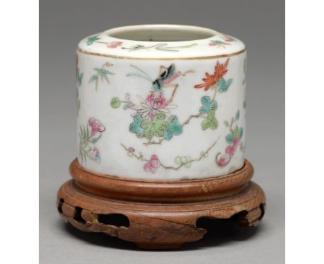 A Chinese famille rose brush washer, 19th / 20th c, enamelled with crickets on flowers, prunus and fungus, 65mm h, commendati