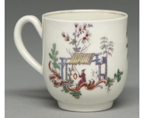 A Worcester coffee cup, c1762, transfer printed in black from the engraving by Robert Hancock after Jean Pillement with Les G