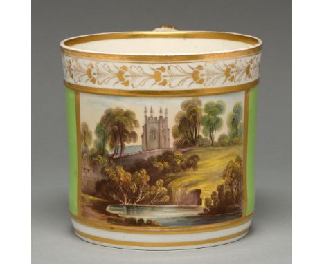 A Derby porter mug, c1820, painted, possibly by Daniel Lucas, with a rectangular landscape panel reserved on a green ground b