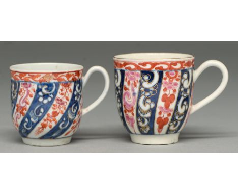 Two Worcester coffee cups, c1760 and c1770-1790, painted in underglaze blue and enamelled and gilt with the Queen Charlotte p