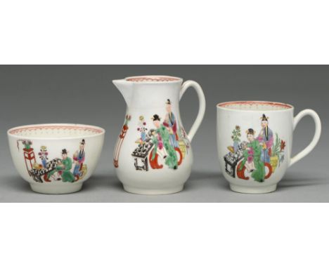 A Worcester sparrow beak jug, tea bowl and coffee cup, c1770, transfer printed and painted enamels with Chinese figures benea