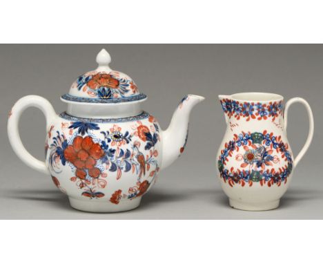 A Liverpool teapot and cover, Philip Christian, c1770, painted in underglaze blue and overglaze iron red and gilt with the Bi