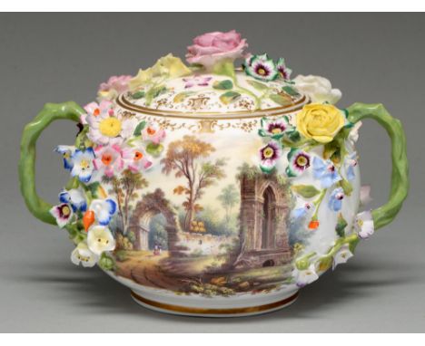 A Minton floral encrusted Globe vase and cover, c1830, with rustic entwined green handles and painted with ruins or flowers i