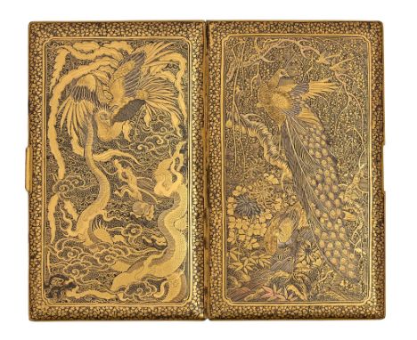 A Japanese inlaid metal cigarette case, Tokyo, 20th c, decorated to both sides in gold with peafowl or dragons,&nbsp; mark of